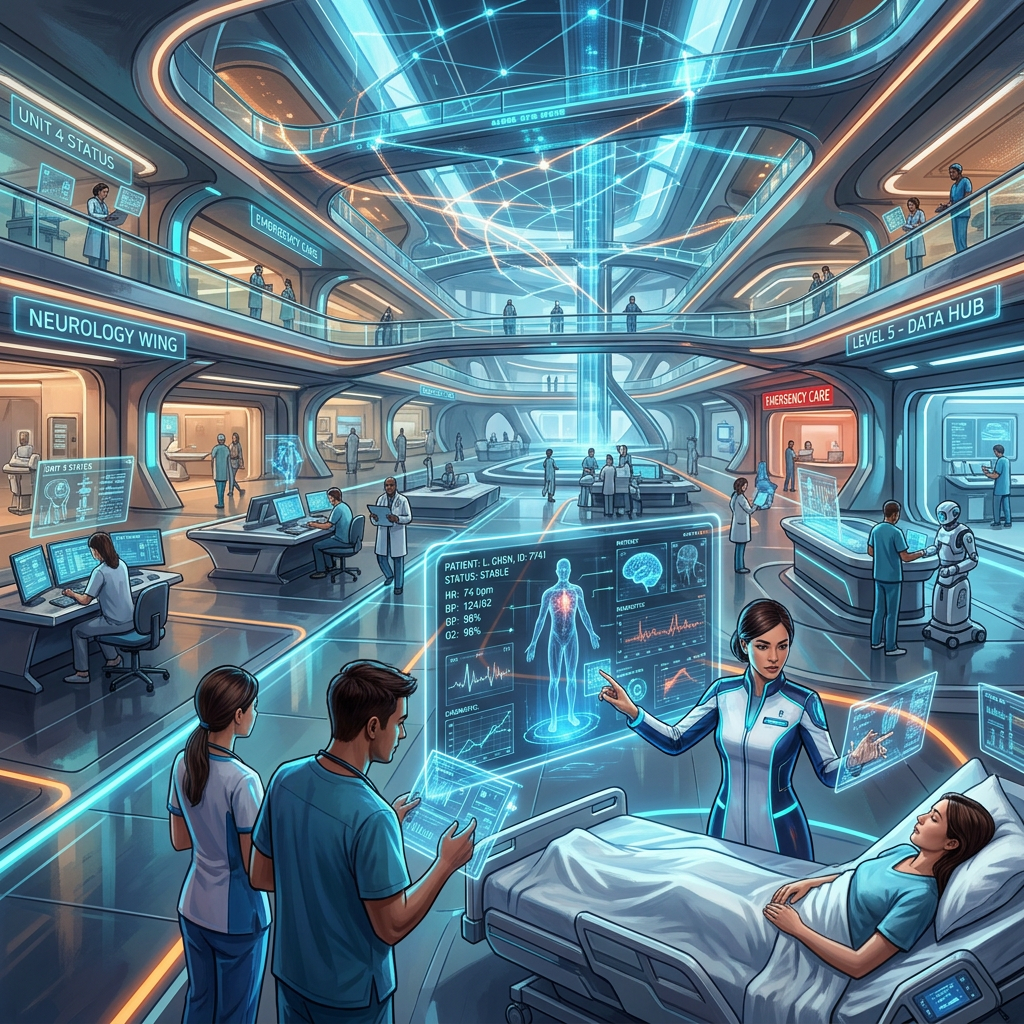 Healthcare professionals use holographic medical displays around a patient in a futuristic hospital environment