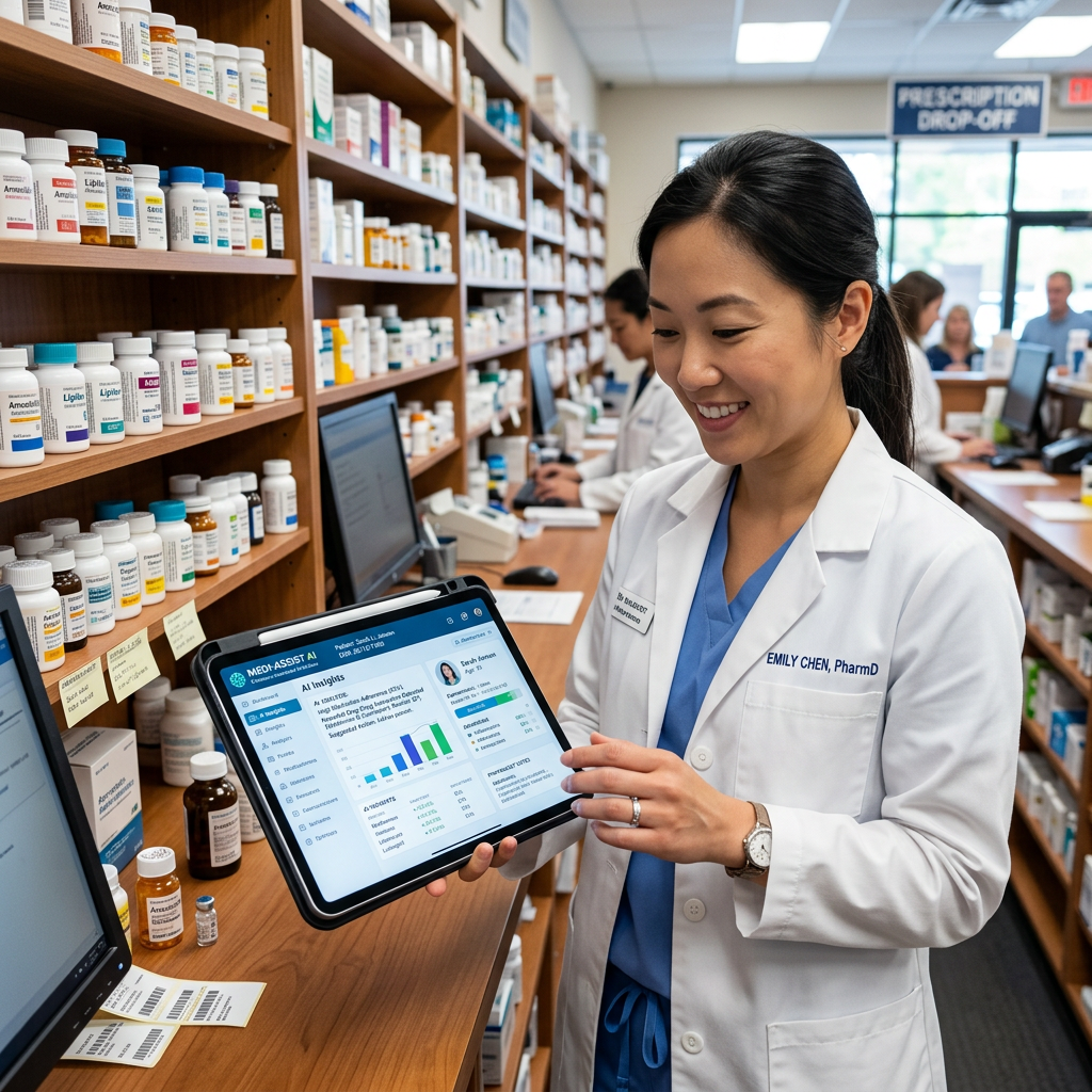 Pharmacist holding tablet displaying AI medication analytics in pharmacy