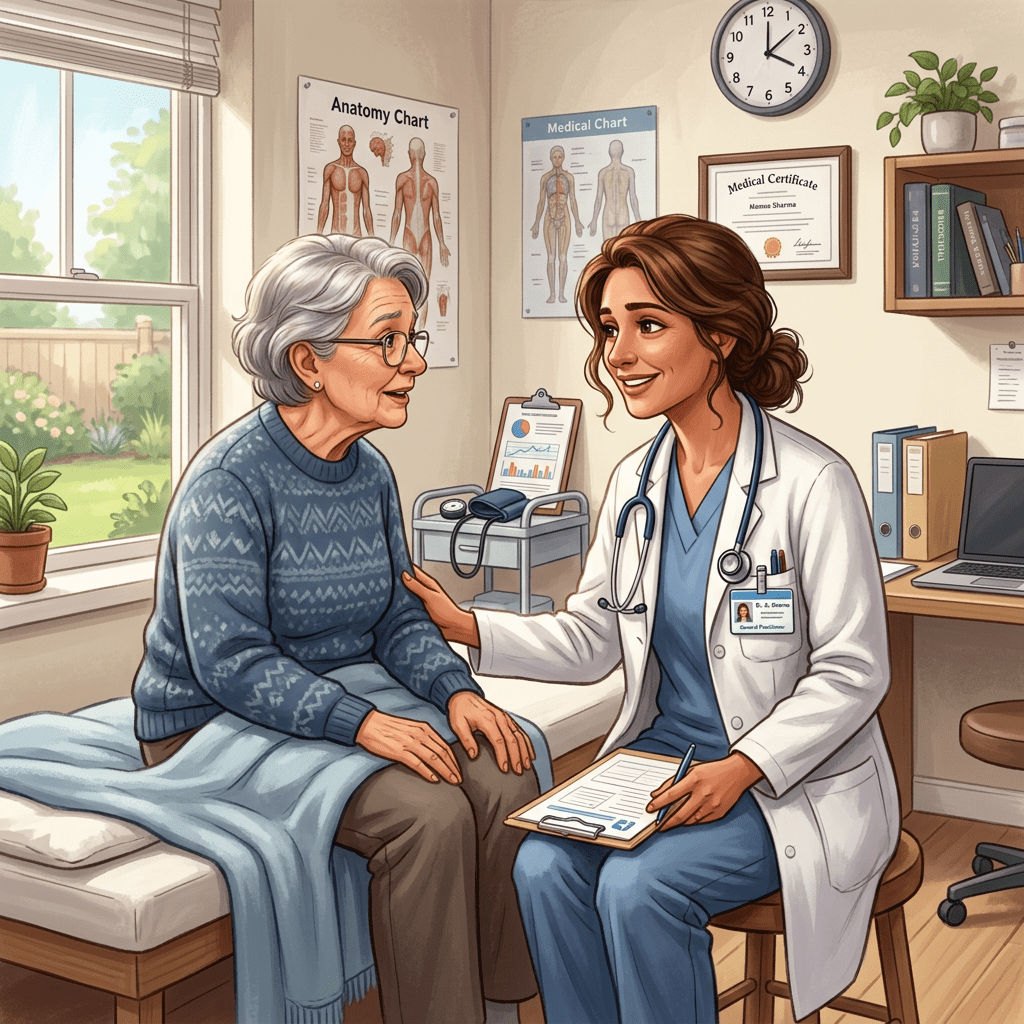 Female doctor comforting elderly woman during medical consultation