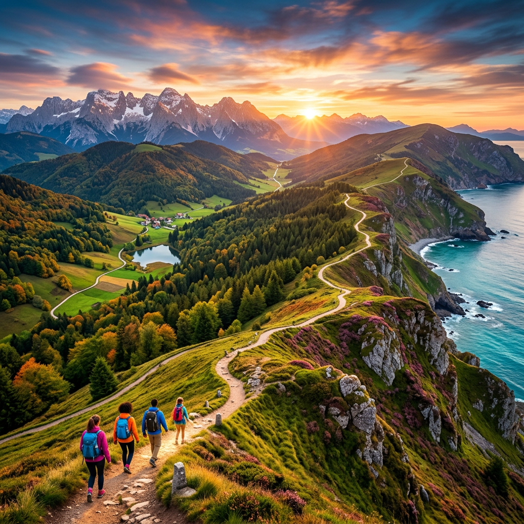 Group of four hikers walking on winding mountain trail at sunset with valley and sea views