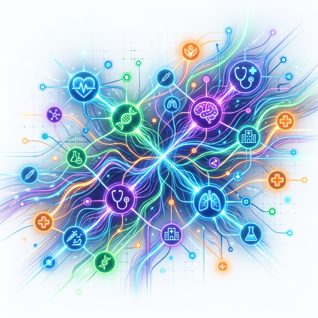 Glowing healthcare icons linked by colorful flowing lines in a digital network.