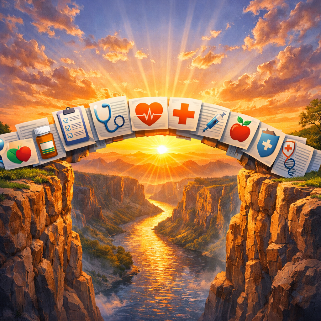 Arch of healthcare icons over canyon with river and sunrise