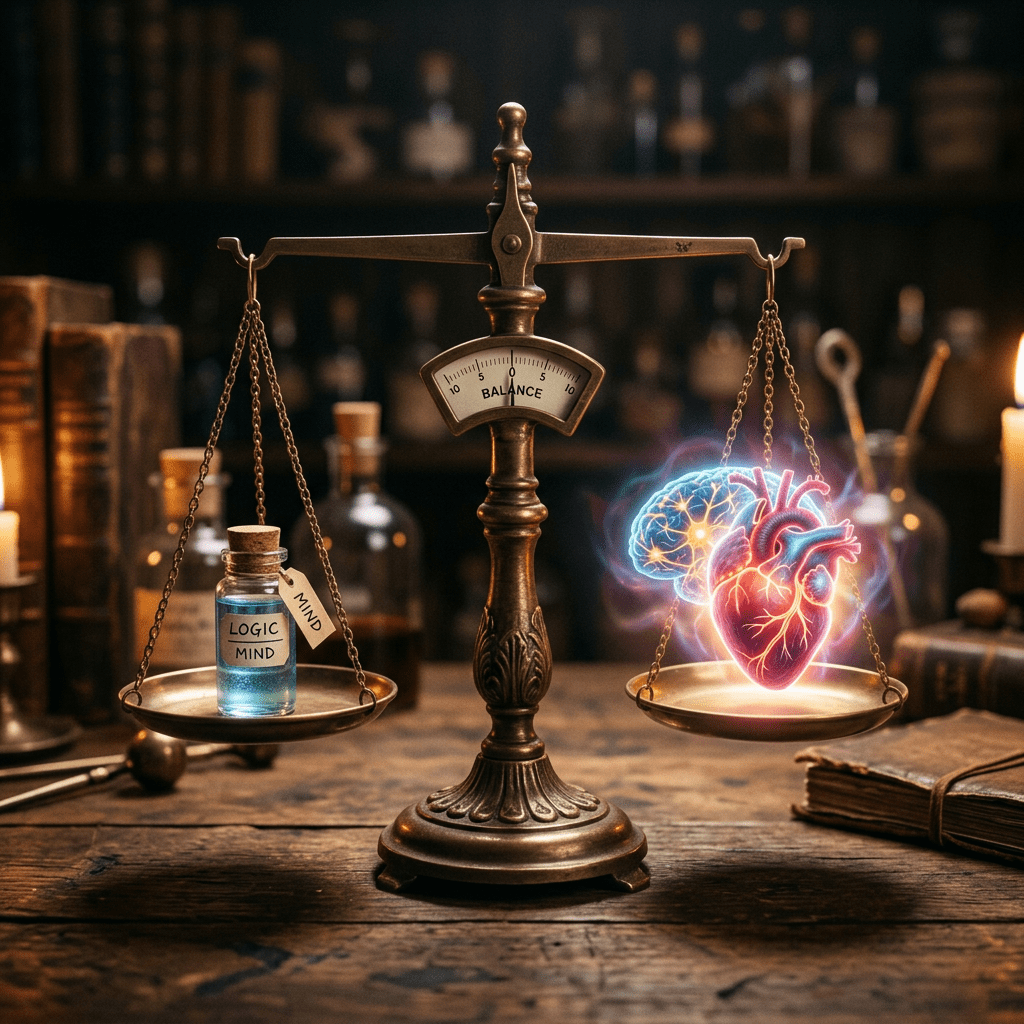 A vintage balance scale with a bottle labeled 'Logic Mind' on one side and glowing brain and heart illustrations on the other