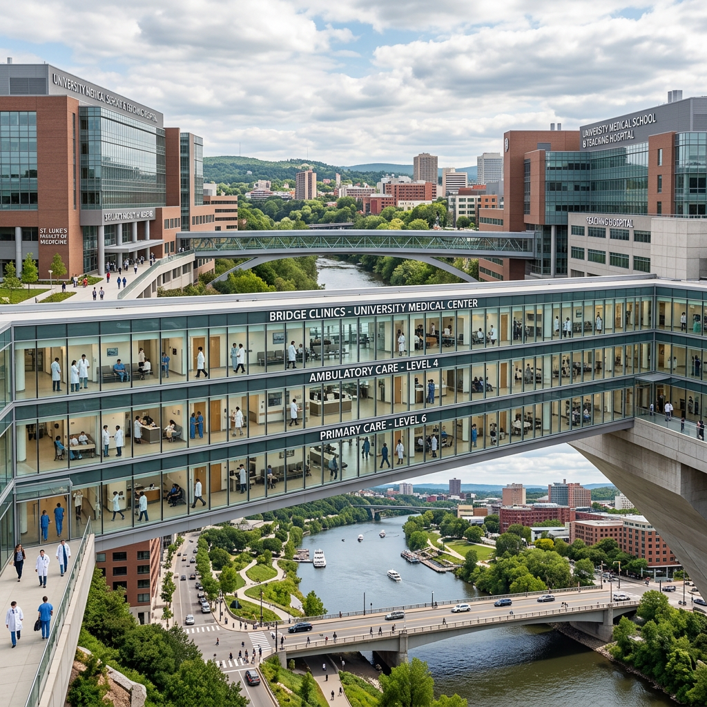 Skybridge connecting university medical center clinics with people walking and working inside and outside
