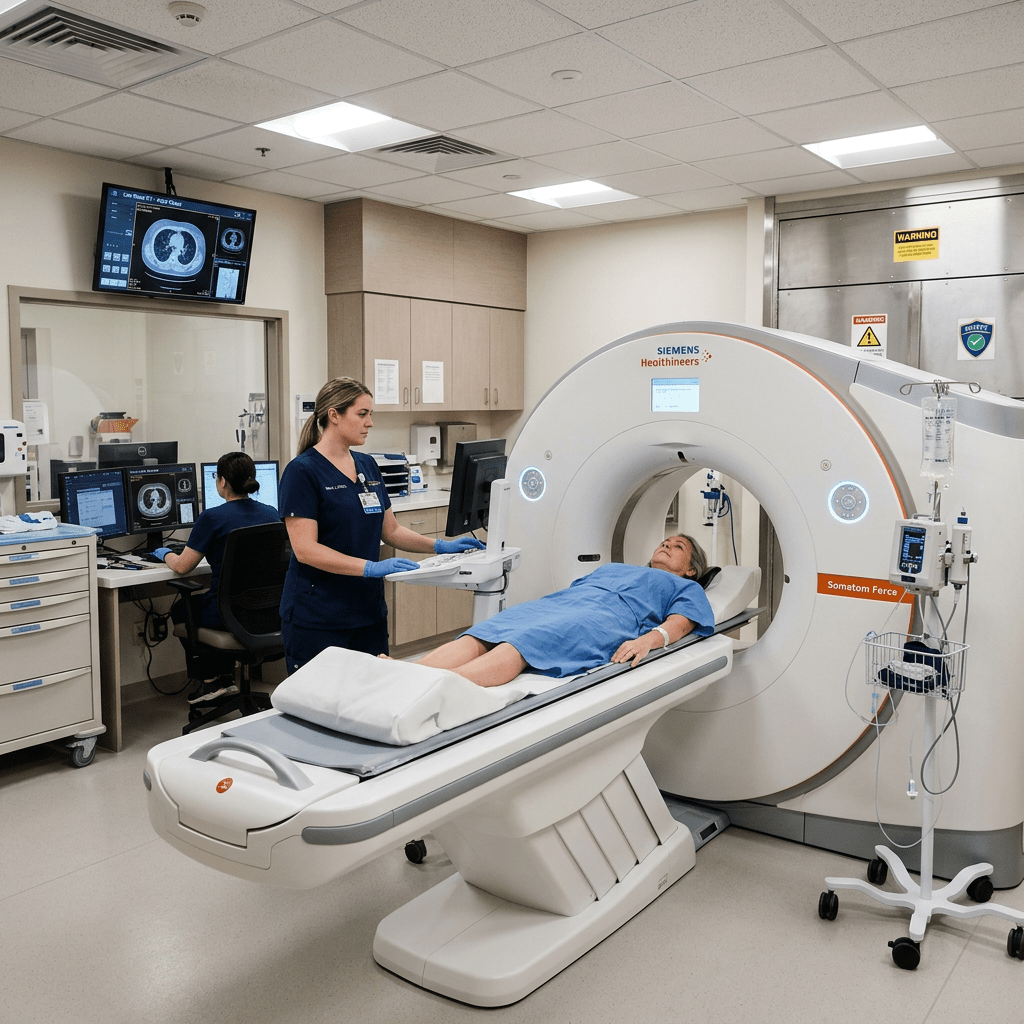 Patient lying on CT scanner bed with technician operating machine