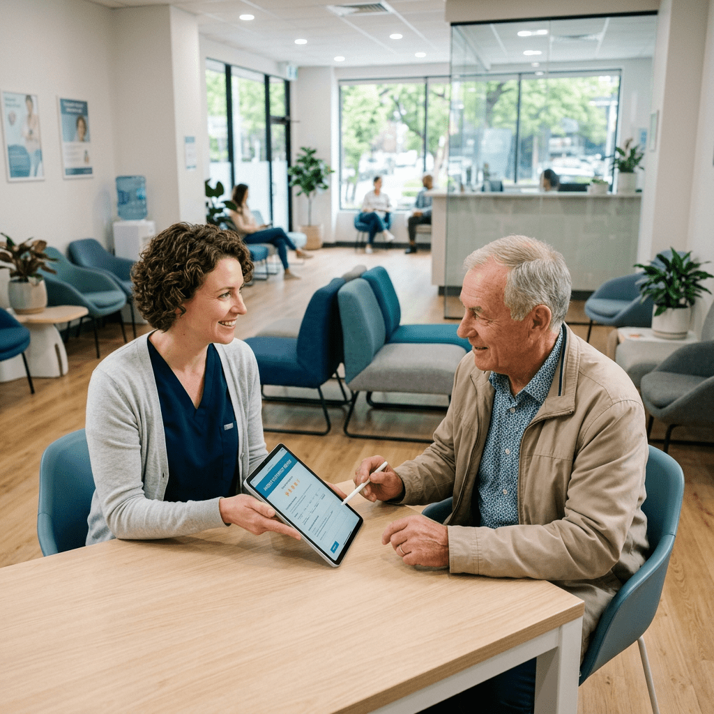 Healthcare worker showing older man a digital form on a tablet in clinic waiting area