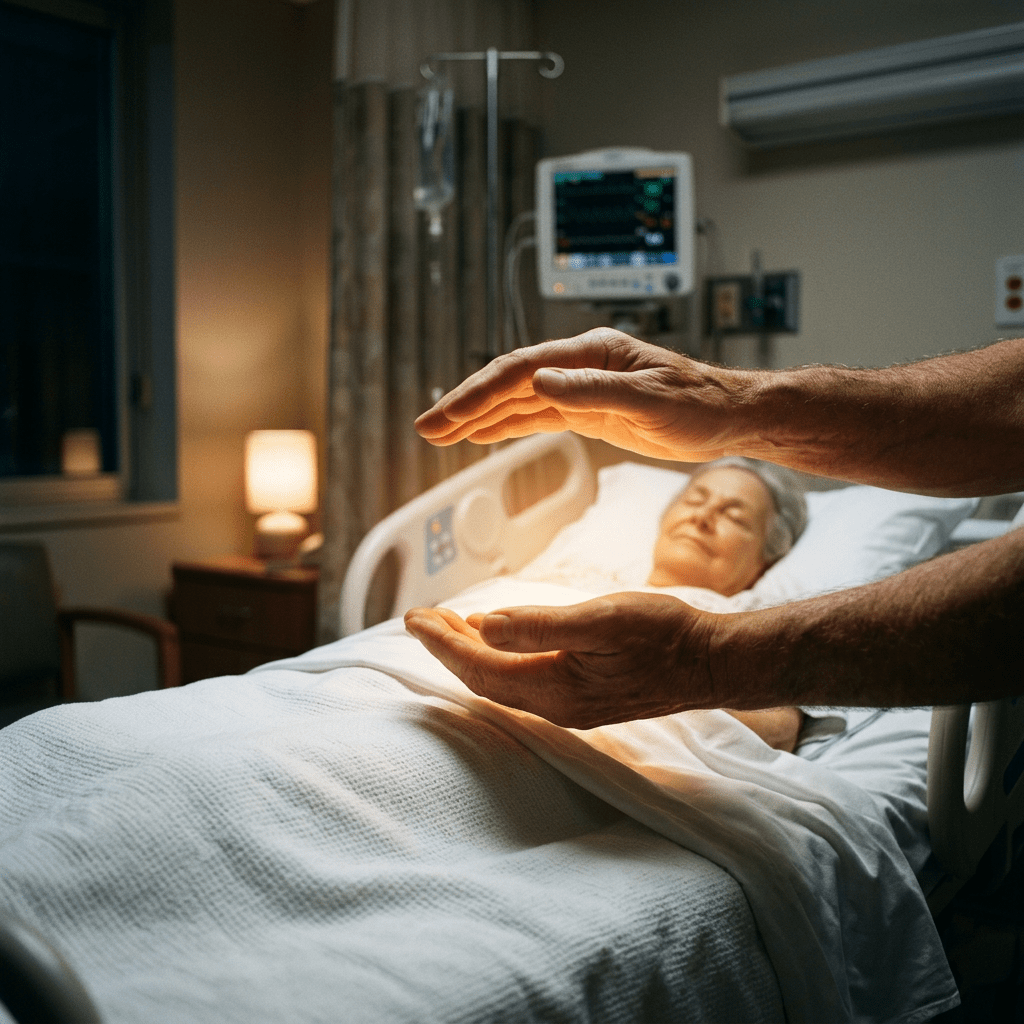 Hands hovering protectively over an elderly patient sleeping in hospital bed
