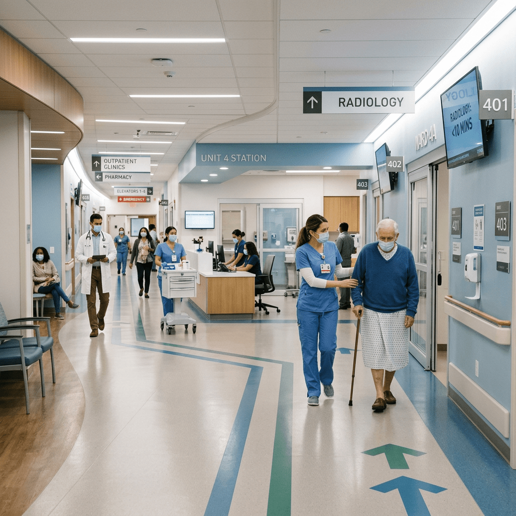 Nurse helping elderly patient with cane in hospital hallway