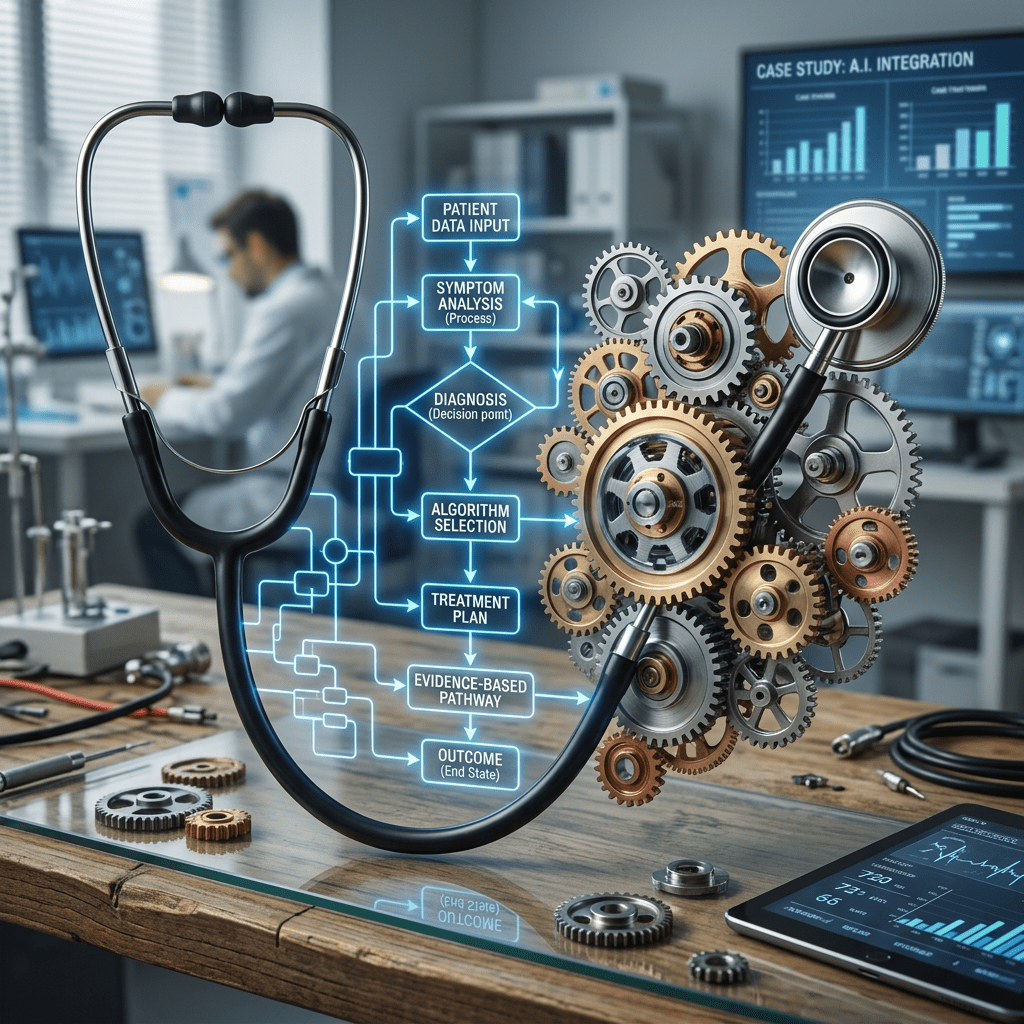 Stethoscope connected to gears with AI medical diagnosis workflow flowchart