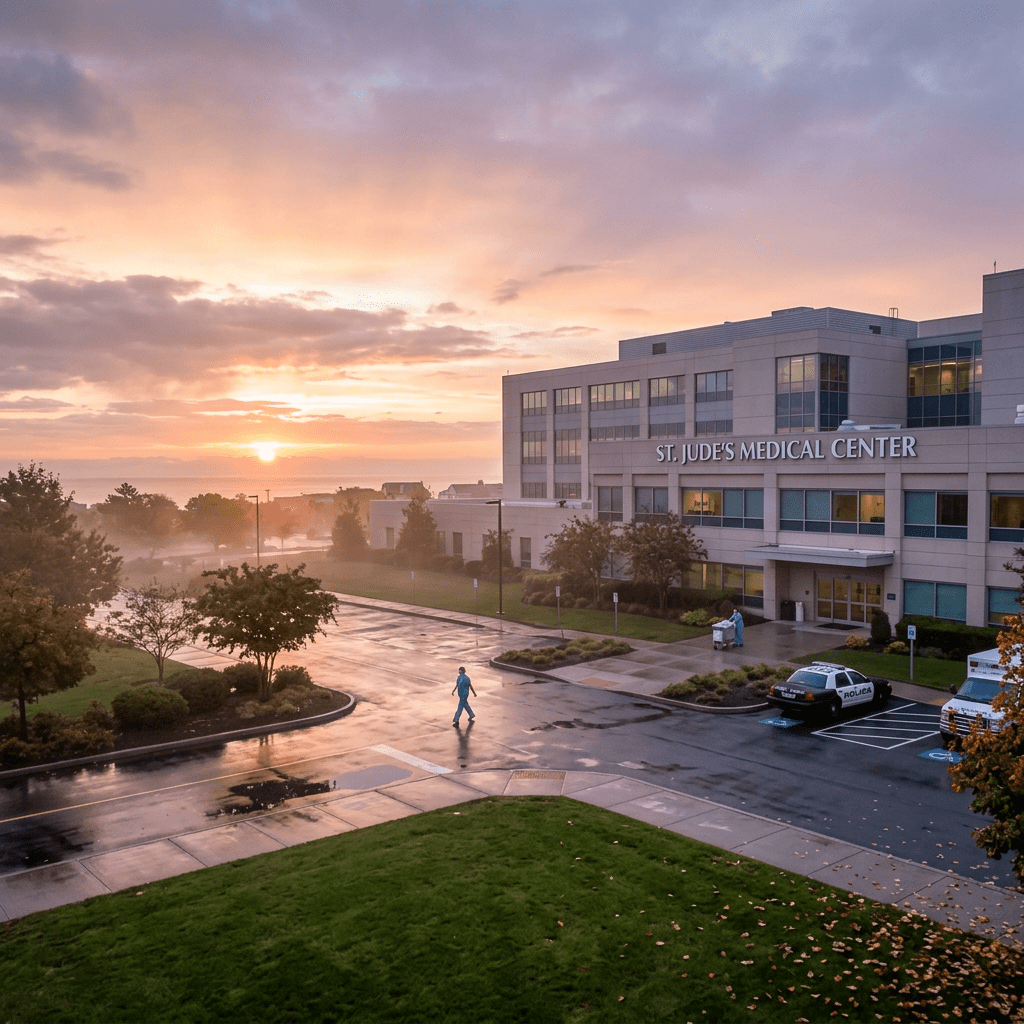 St. Jude's Medical Center building at sunrise with medical staff and police and ambulance vehicles outside