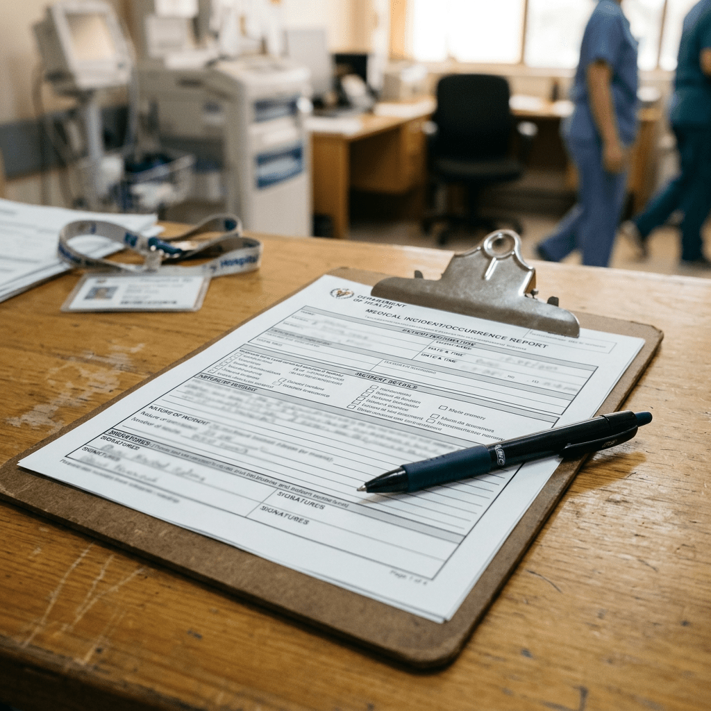 Medical incident report form on clipboard with pen on wooden desk