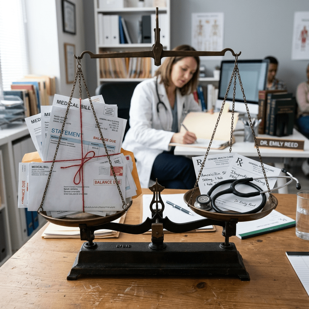 A vintage balance scale comparing a stack of medical bills with prescription notes and a stethoscope