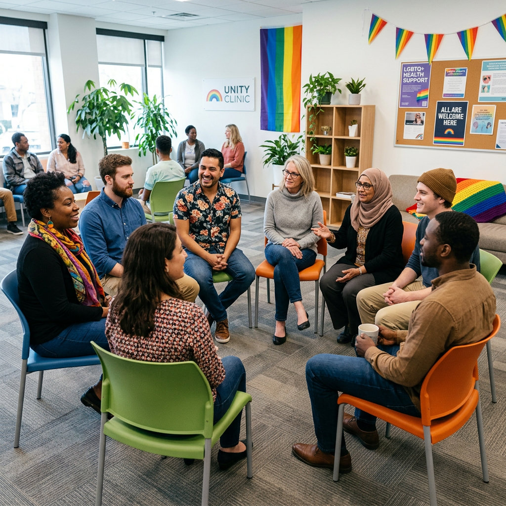 Diverse group sitting in a circle having a discussion in a community clinic room