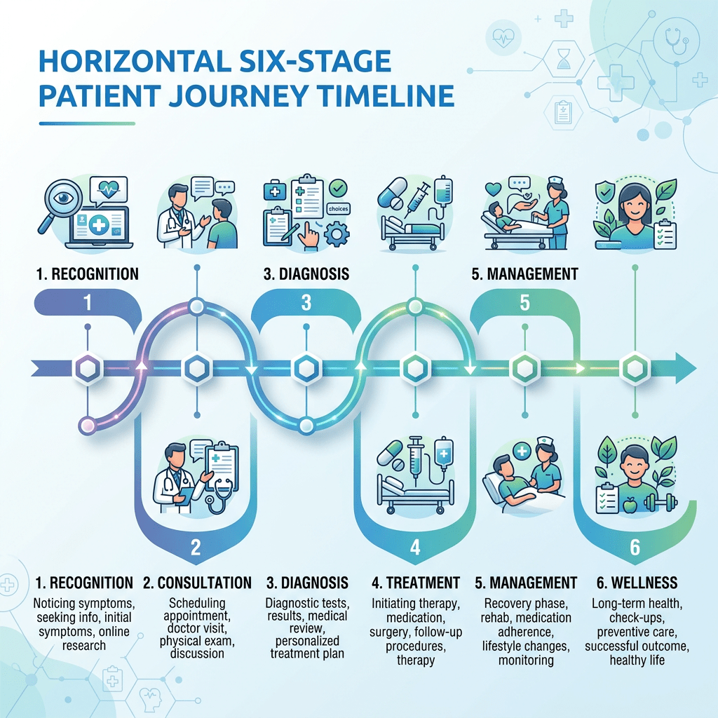 Six-stage horizontal patient journey timeline from recognition to wellness with icons and descriptions