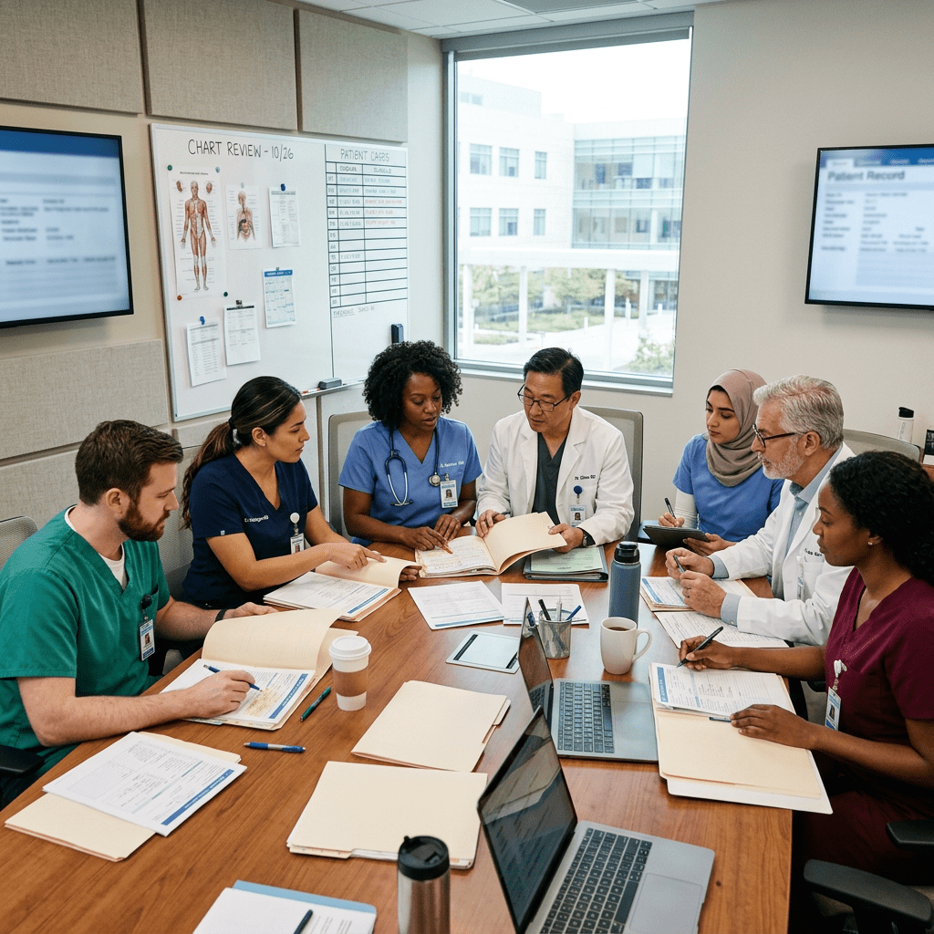 Seven healthcare professionals in a meeting reviewing patient charts and notes
