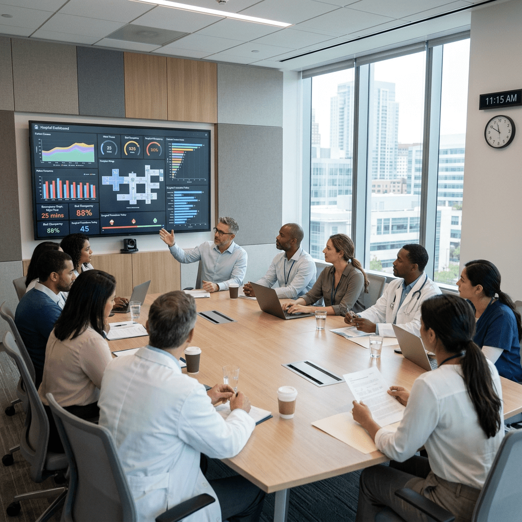 Healthcare team reviewing hospital dashboard data on a large screen in a conference room