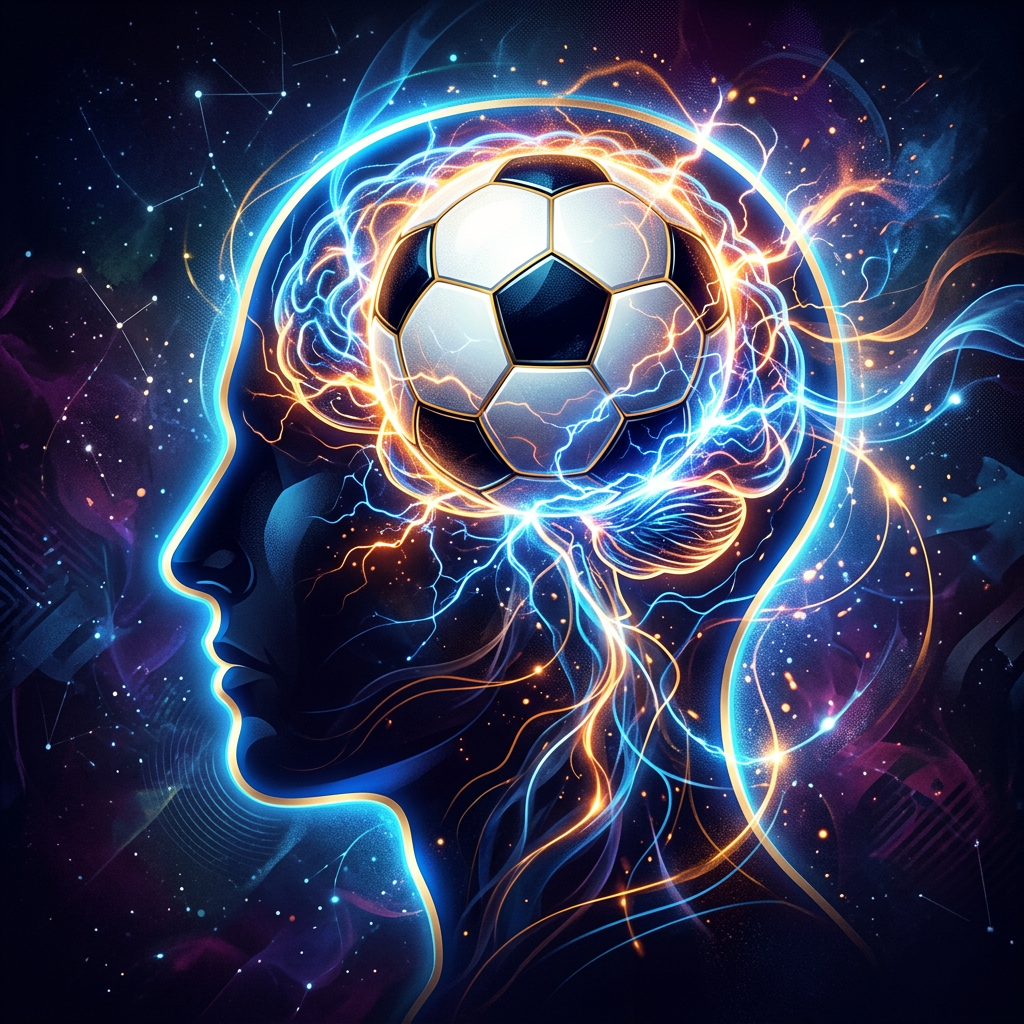 Silhouette of a human head with a glowing soccer ball inside representing brain activity and neural connections