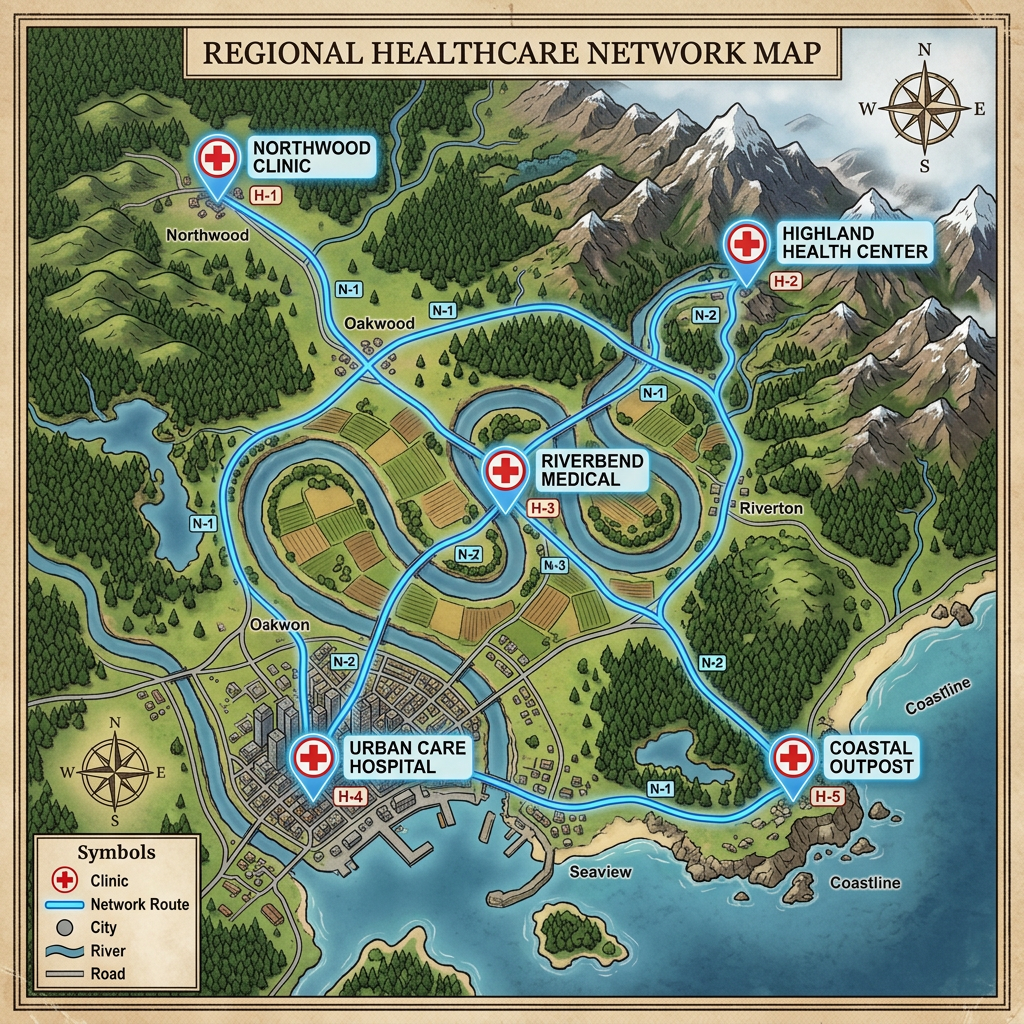 Map highlighting five healthcare facilities connected by network routes across cities, rivers, and mountains.