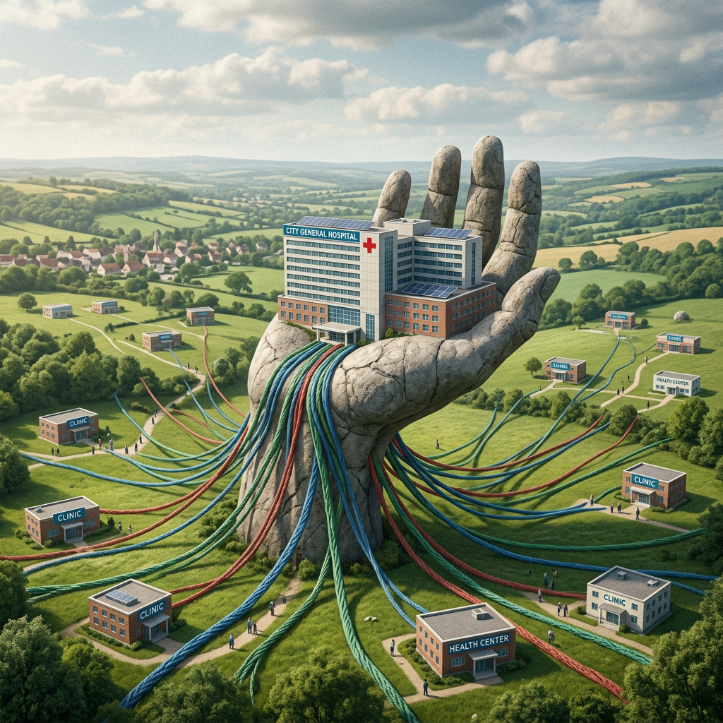 A giant stone hand holding a hospital building connected to surrounding clinics by colored cables