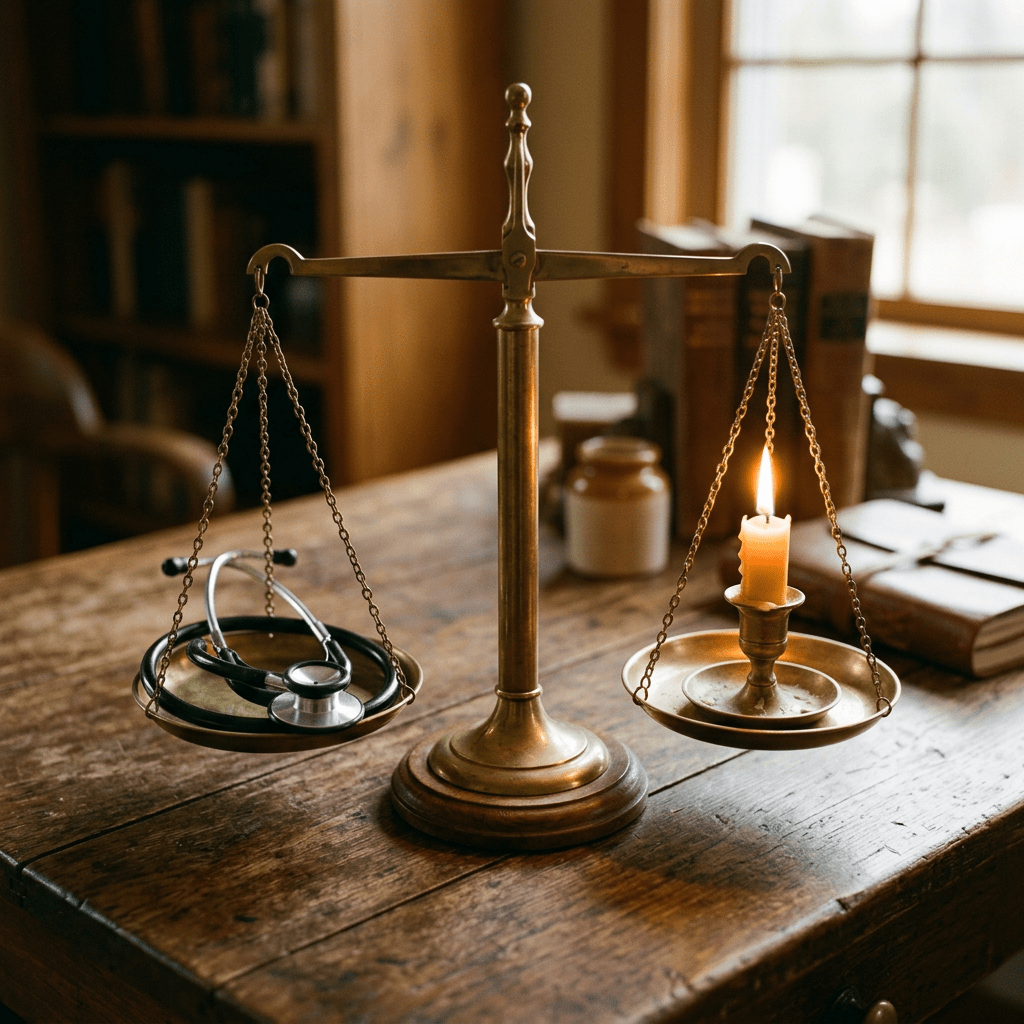 Brass scale with a stethoscope on one side and a lit candle on the other on a wooden table