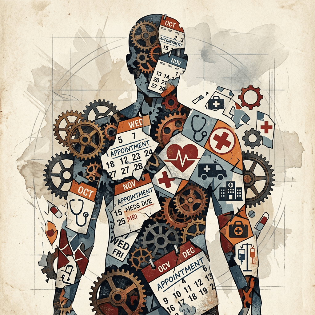 Human figure made of medical icons, calendars, and gears representing healthcare scheduling and management