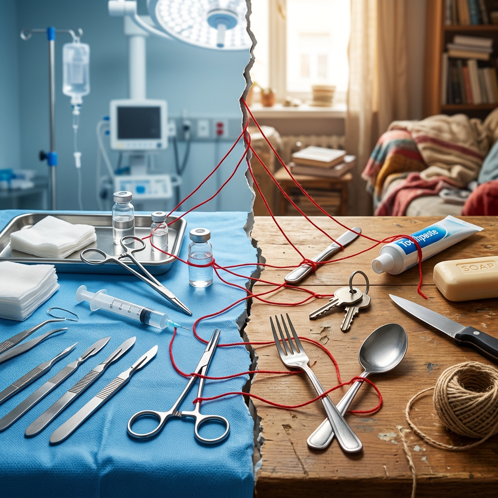 Surgical tools and household items connected by red strings on split hospital and home backgrounds.