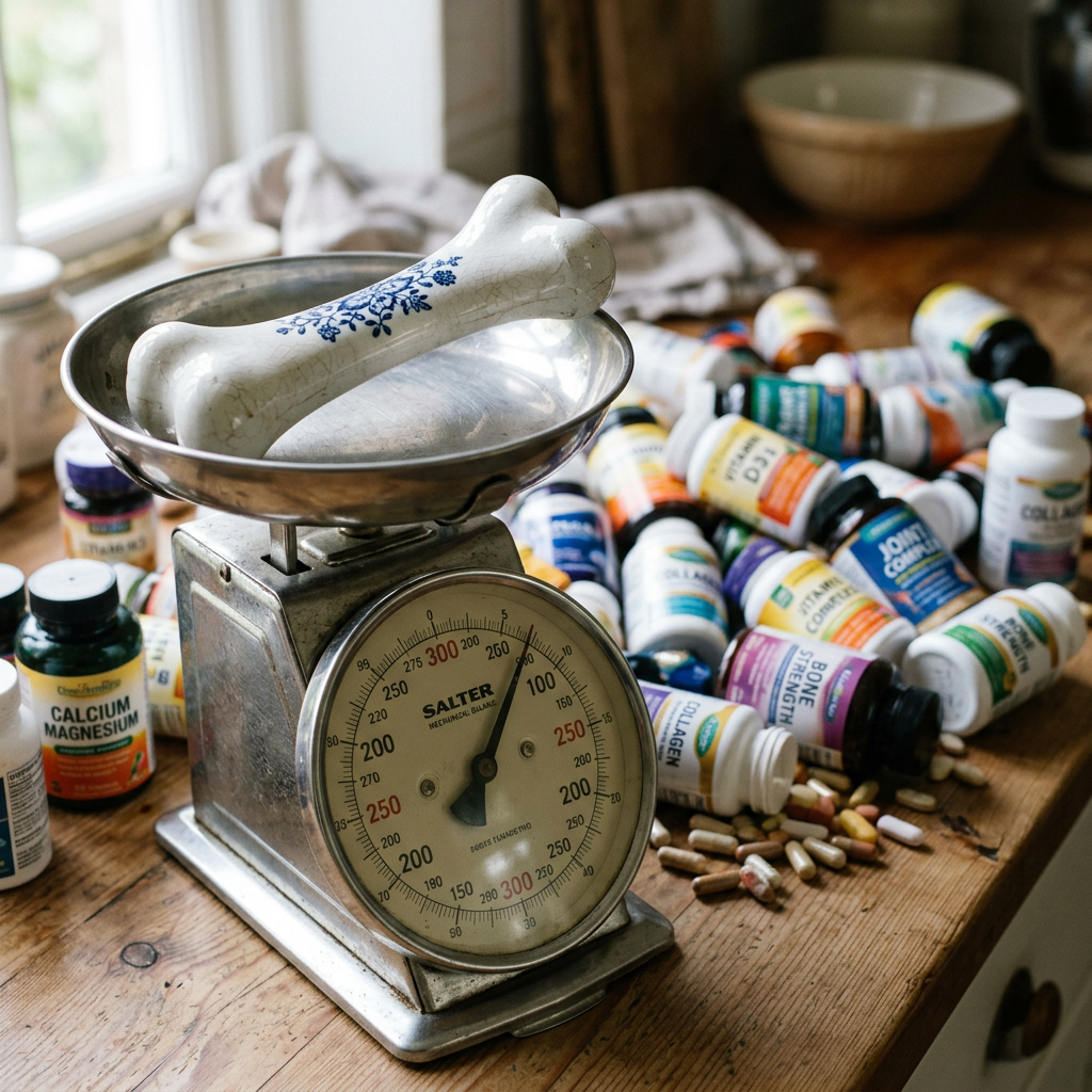 Vintage kitchen scale with a ceramic bone and multiple supplement bottles on a wooden table