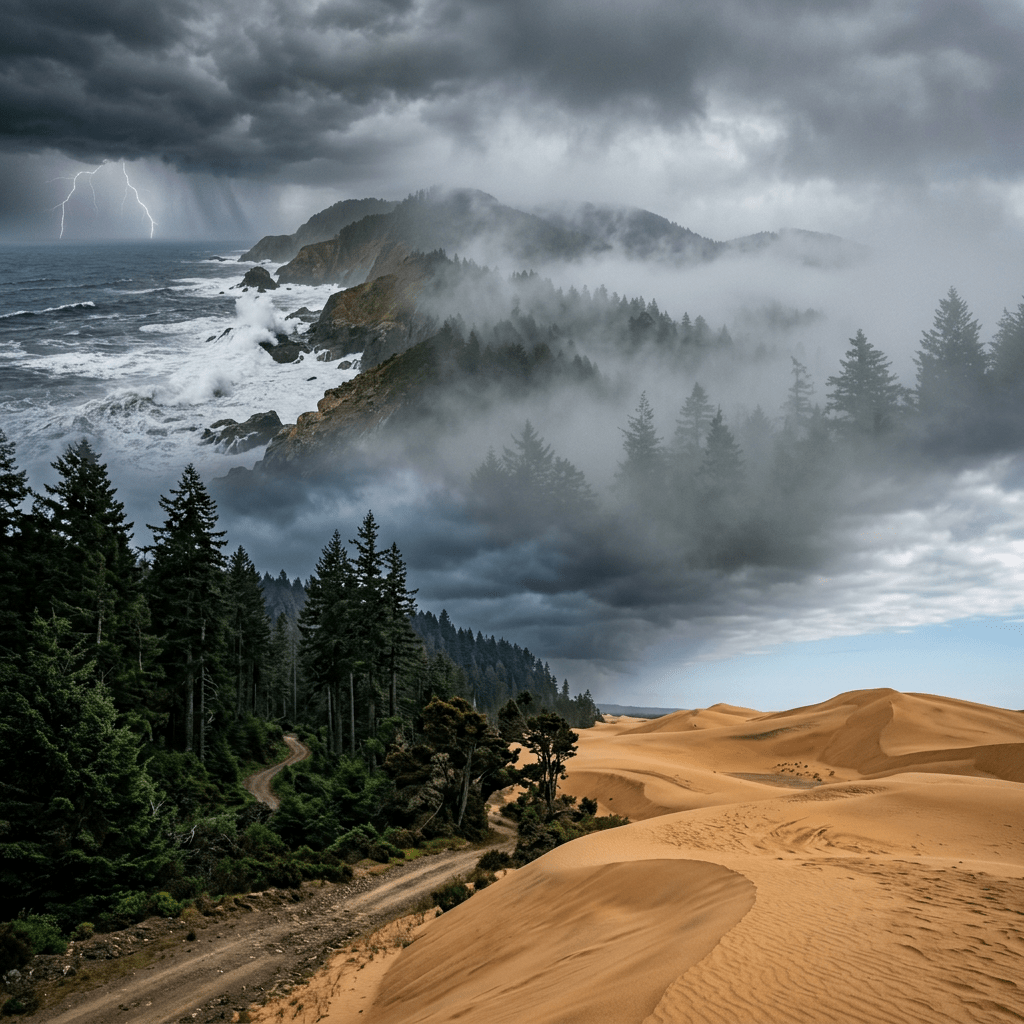 Stormy rocky coastline with lightning, foggy pine forest, and sandy desert dunes