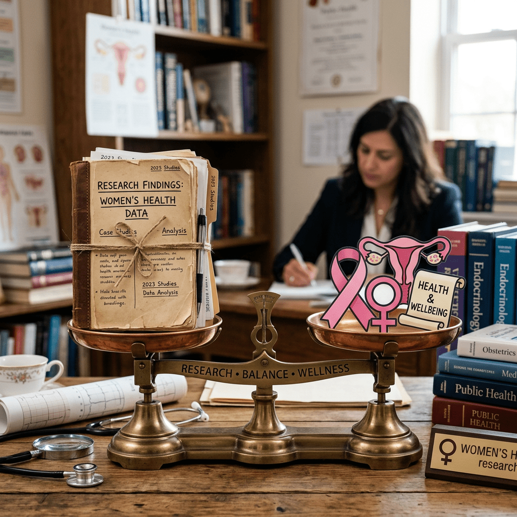 Balance scale comparing women's health research files with health and wellbeing symbols