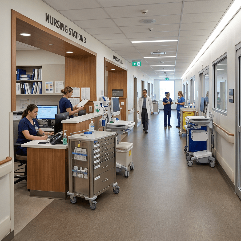 Hospital corridor with nursing station, medical staff at desks and walking