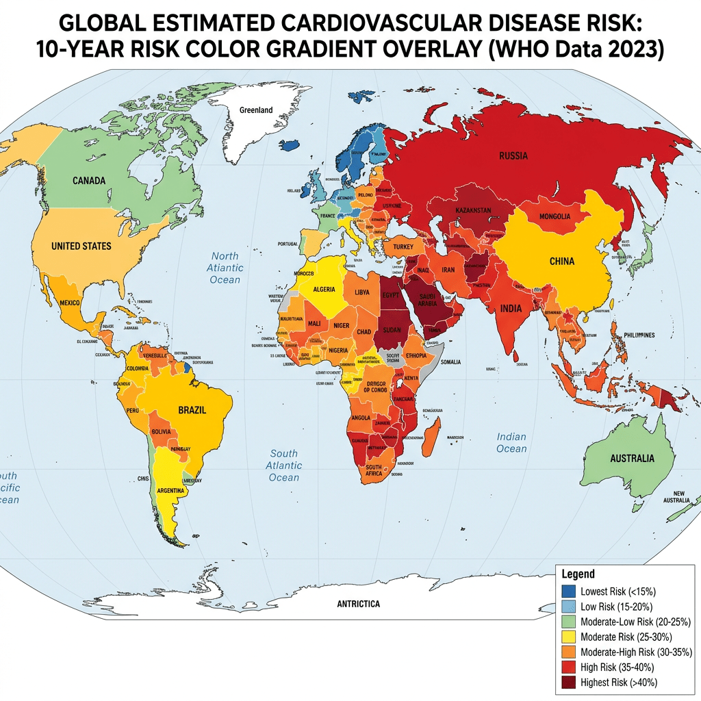 Global map of cardiovascular disease risk levels color-coded by country