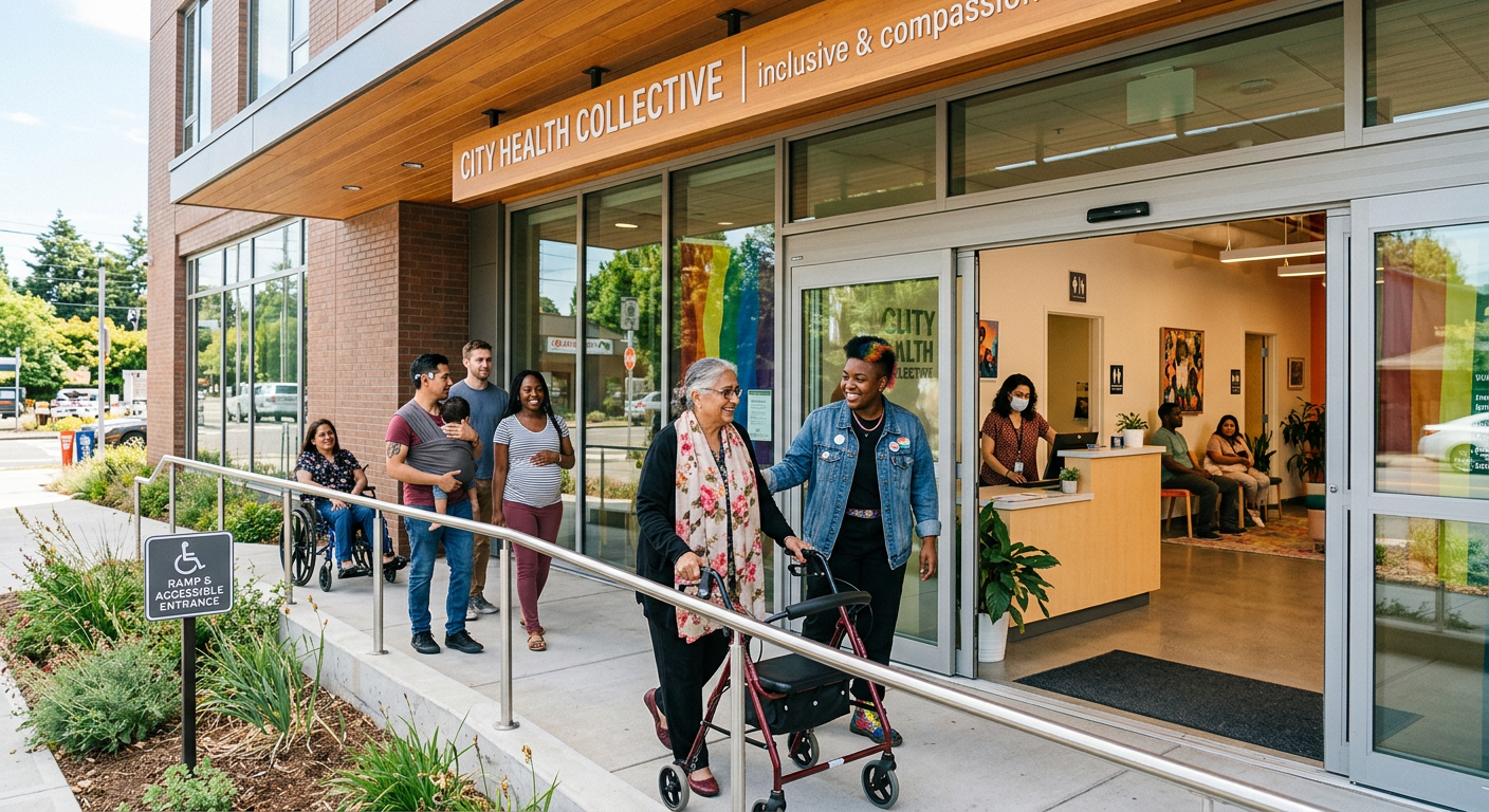 People entering and exiting City Health Collective, including seniors, families, and individuals with mobility aids
