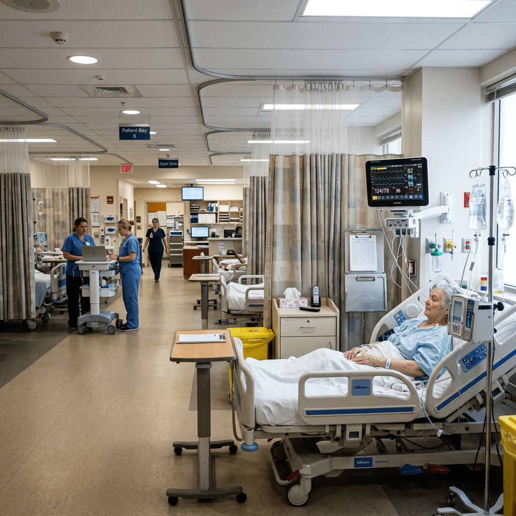 Elderly patient lying in hospital bed with vital signs monitor and nurses in background