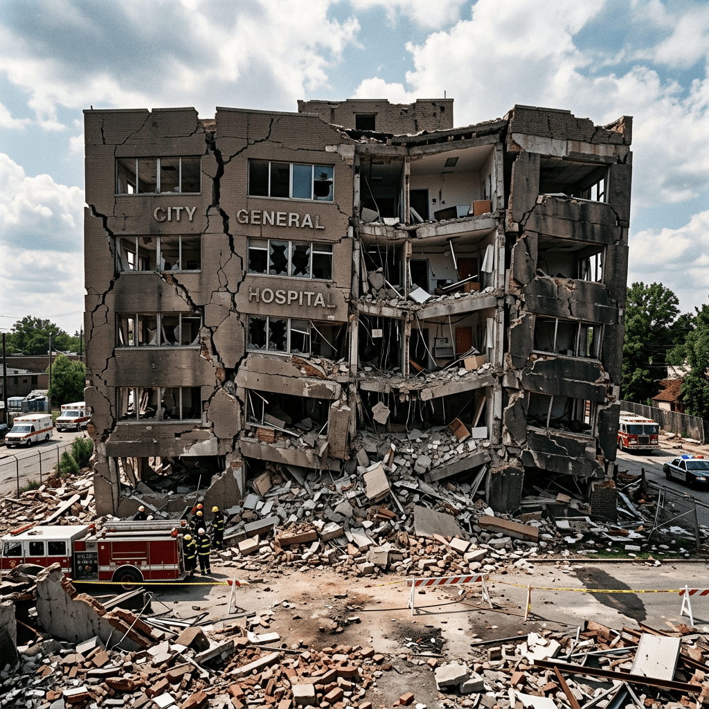 Collapsed multi-story hospital building with extensive structural damage and rubble