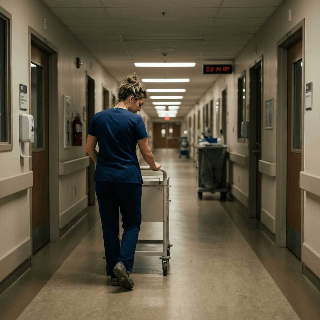 Nurse in blue scrubs pushing a cart through hospital hallway at 3:14 AM
