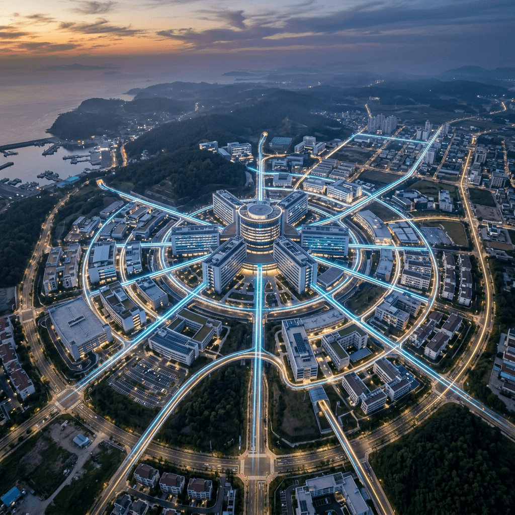 Aerial view of a circular city layout with illuminated roads connecting modern buildings