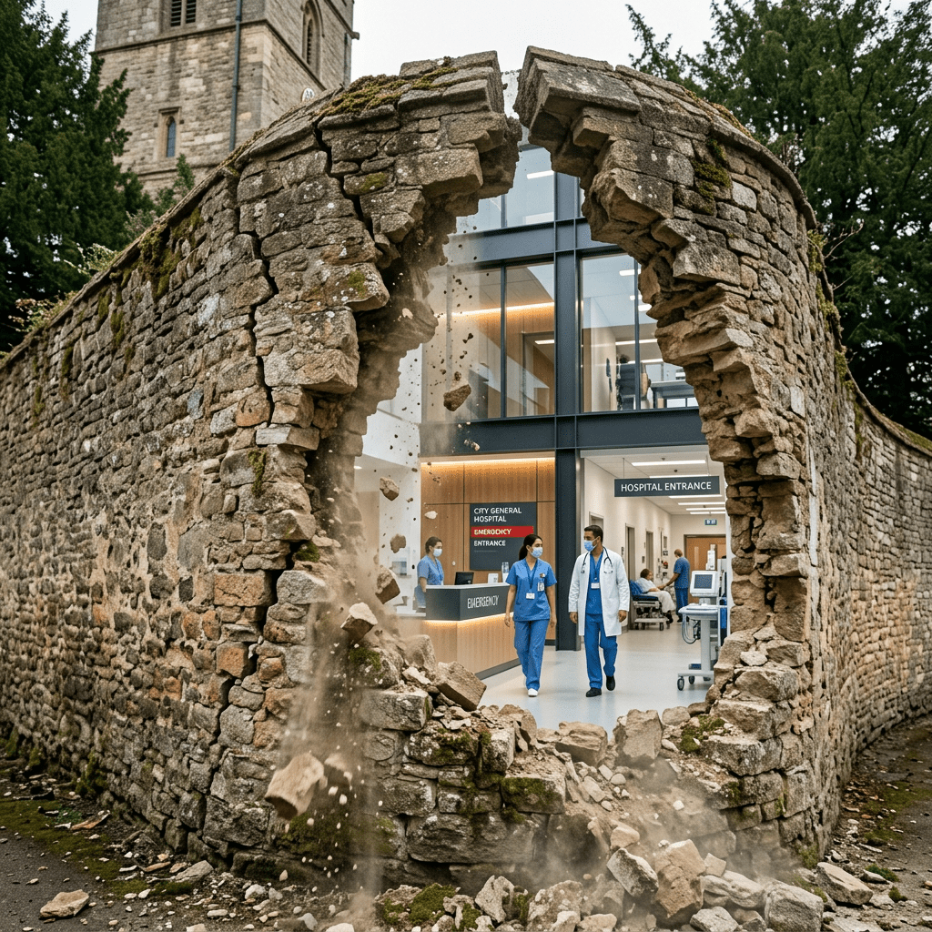 Stone wall collapsing to reveal hospital emergency entrance with medical staff inside