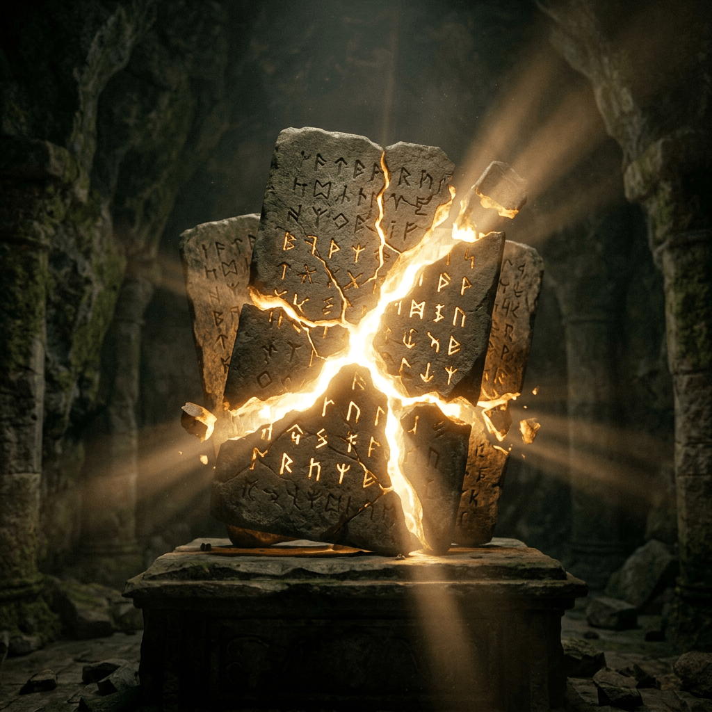 Ancient rune stones cracked and glowing with light inside a cave