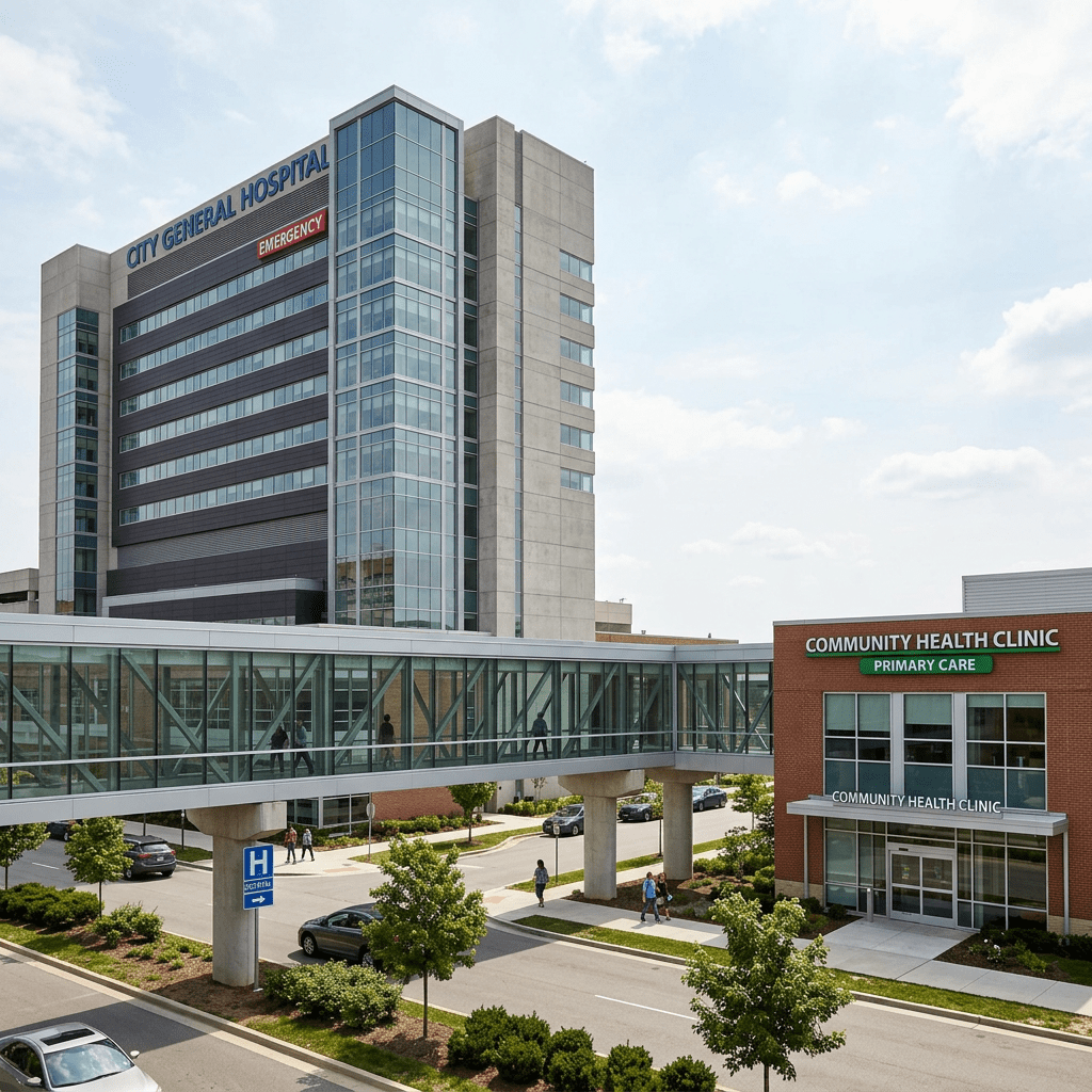 City General Hospital building with emergency sign connected via skywalk to Community Health Clinic primary care building