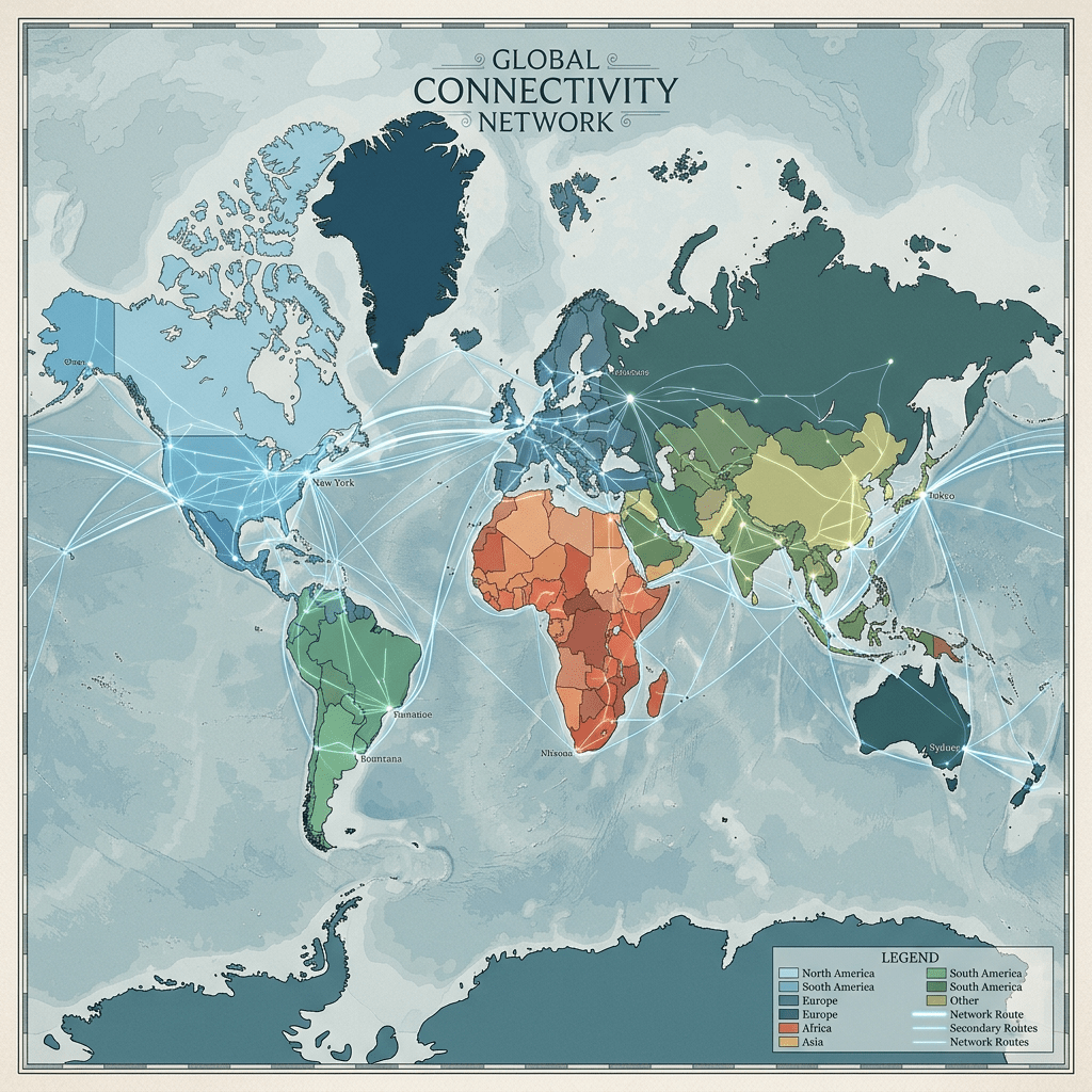 World map with continents color-coded and network routes connecting major global cities