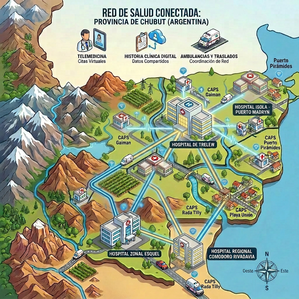Map of Mendoza health network showing hospitals, health centers, telemedicine, digital records, and ambulance coordination