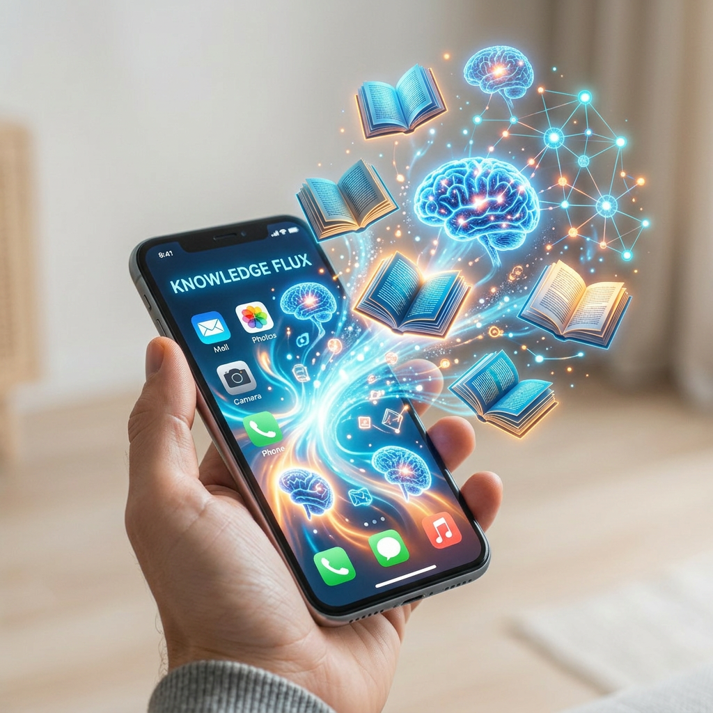 Smartphone screen showing 'KNOWLEDGE FLUX' with glowing brains and books emerging