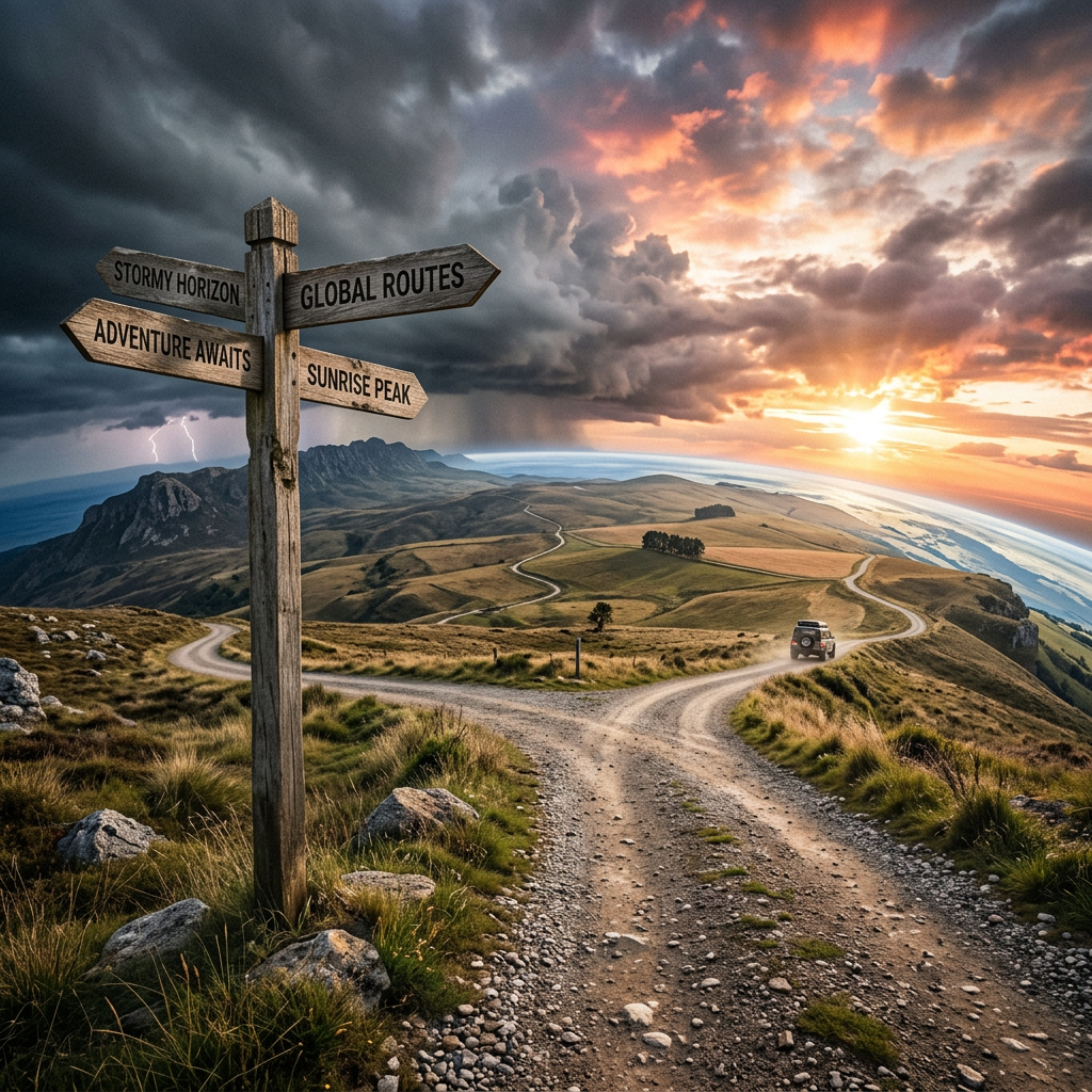 Wooden signpost with directions labeled Stormy Horizon, Global Routes, Adventure Awaits, and Sunrise Peak on a mountain path at sunset with storm clouds and lightning visible