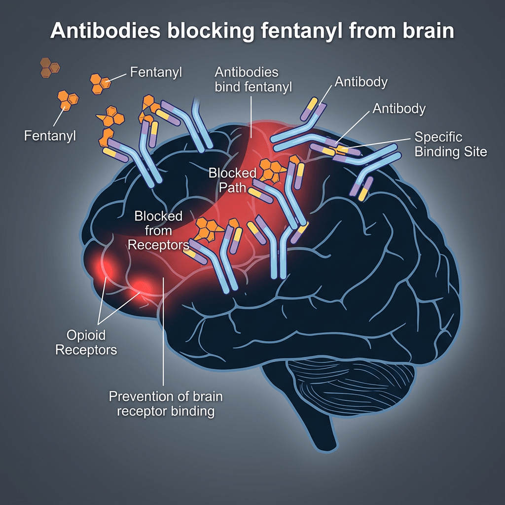 Diagram of antibodies binding fentanyl molecules to block their path to opioid receptors in the brain