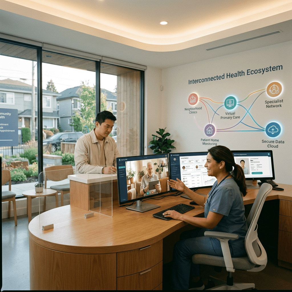 Nurse video conferencing with elderly patient on computer in clinic reception area