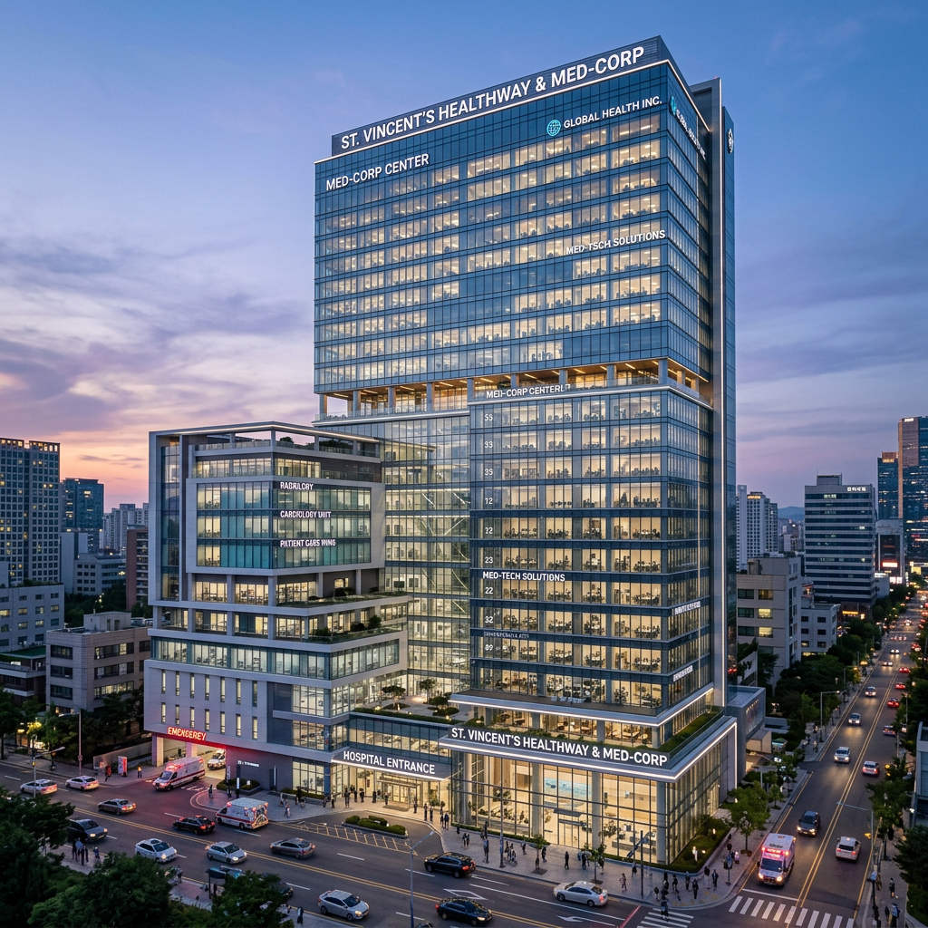 Large multi-story medical and corporate building named St. Vincent's Healthway & Med-Corp at dusk with illuminated windows and busy streets
