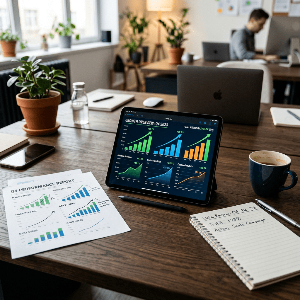 Tablet displaying Q4 2023 growth overview charts, printed performance reports, notebook with handwritten notes, coffee cup on desk