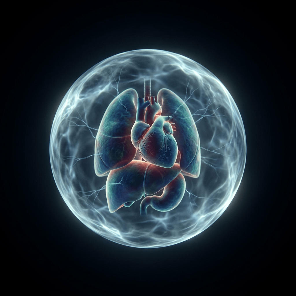 Human heart, lungs, and liver inside a glowing translucent sphere