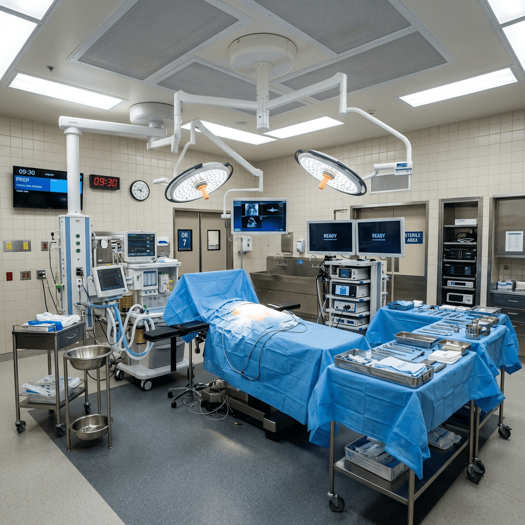 Operating room with surgical table, monitors, and equipment