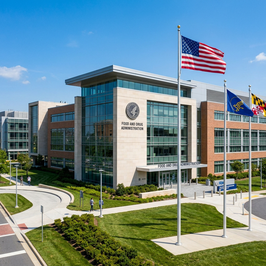 Food and Drug Administration headquarters building with American, FDA, and Maryland flags